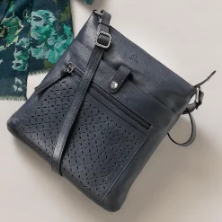 Cheap Sac Bandoulière en Cuir Bleu Marine Pétales Ponctuées Sacs Portés Travers
